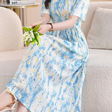 Fresh Vacation Blue White Gradient Floral Dress - liwisi