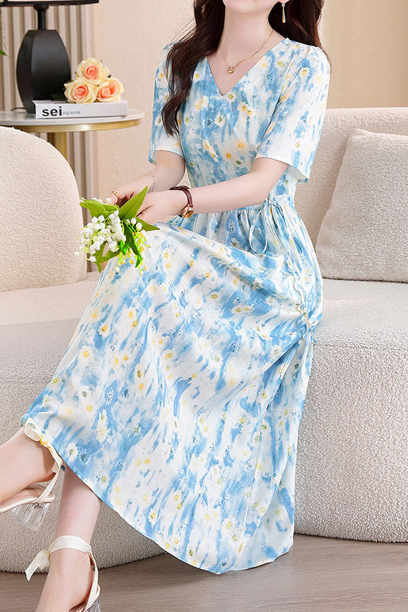 Fresh Vacation Blue White Gradient Floral Dress - liwisi