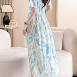 Fresh Vacation Blue White Gradient Floral Dress - liwisi