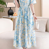 Fresh Vacation Blue White Gradient Floral Dress - liwisi