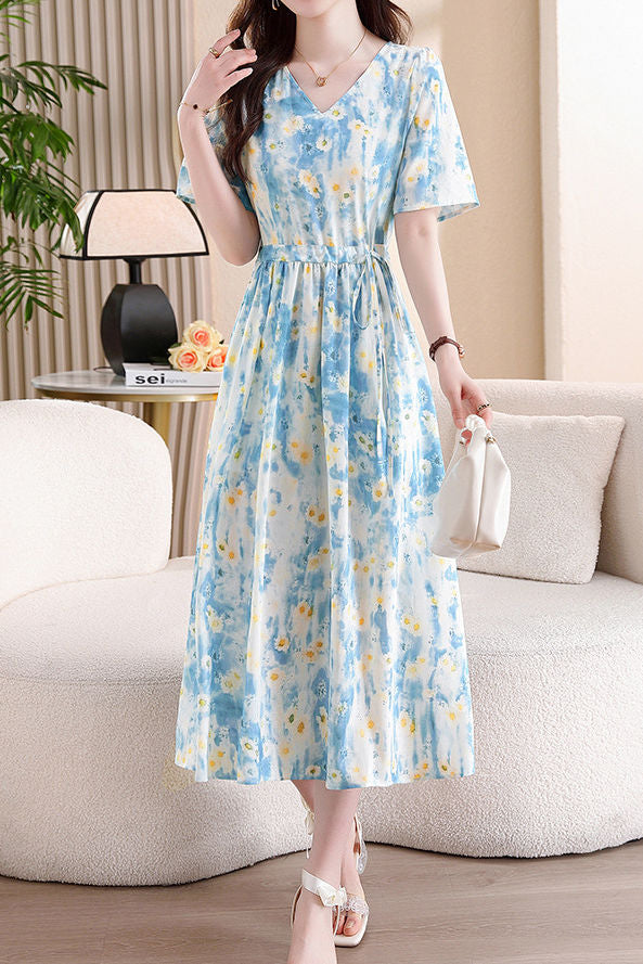 Fresh Vacation Blue White Gradient Floral Dress - liwisi