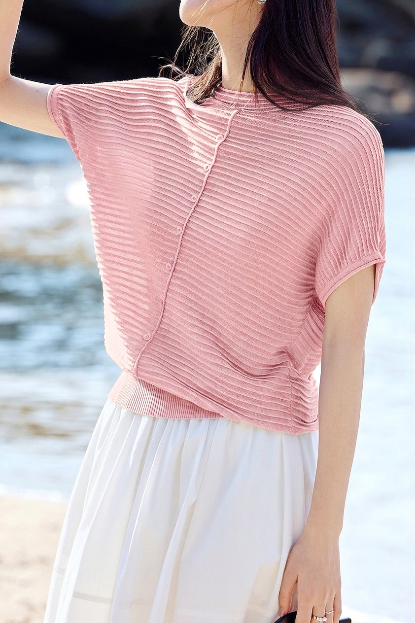 Casual Wavy Horizontal Stripe Round Neck Short Sleeve Knit Sweater - liwisi