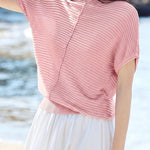 Casual Wavy Horizontal Stripe Round Neck Short Sleeve Knit Sweater - liwisi