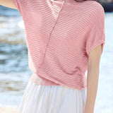 Casual Wavy Horizontal Stripe Round Neck Short Sleeve Knit Sweater - liwisi