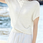 Casual Wavy Horizontal Stripe Round Neck Short Sleeve Knit Sweater - liwisi