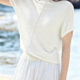 Casual Wavy Horizontal Stripe Round Neck Short Sleeve Knit Sweater - liwisi