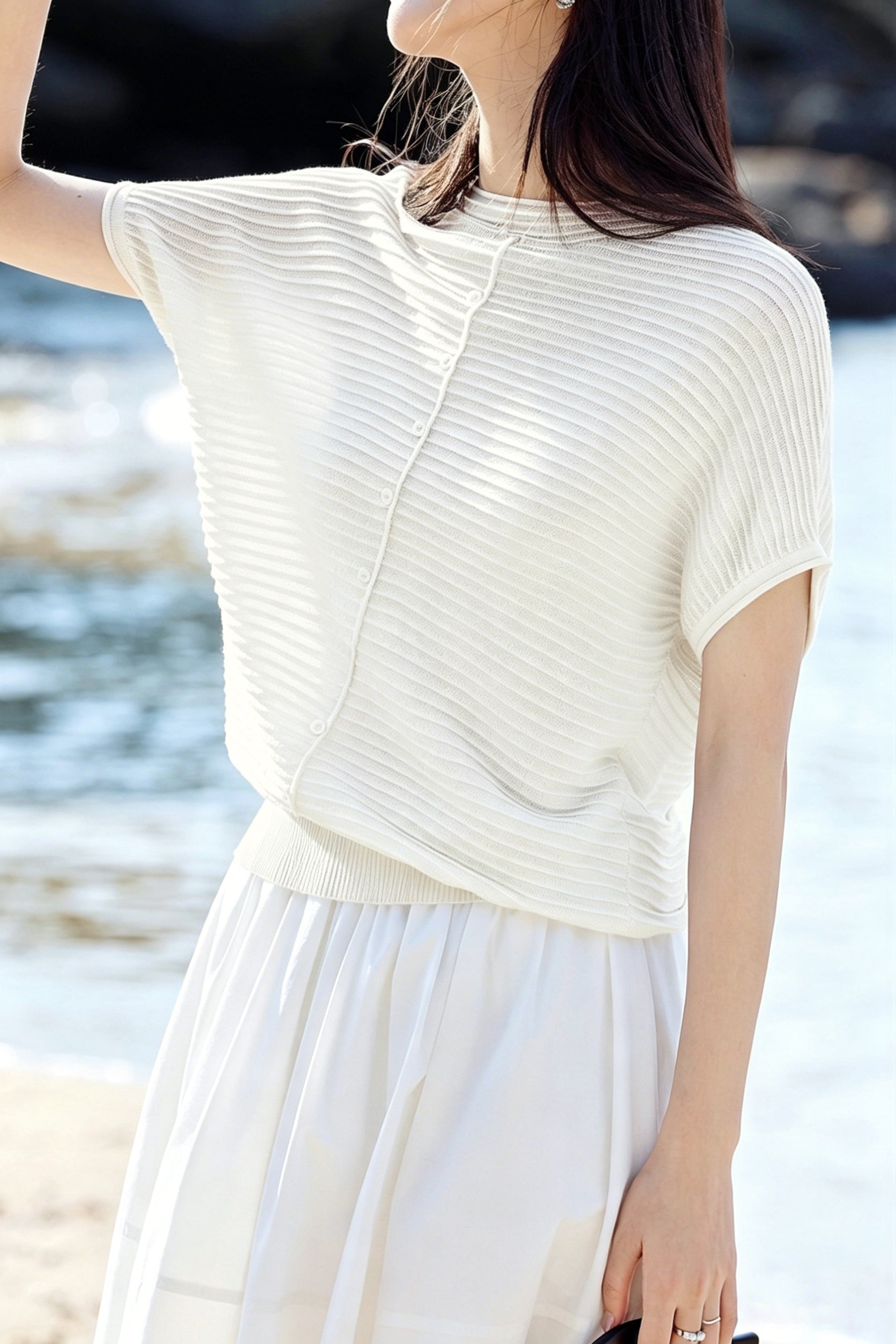 Casual Wavy Horizontal Stripe Round Neck Short Sleeve Knit Sweater - liwisi