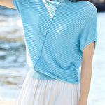 Casual Wavy Horizontal Stripe Round Neck Short Sleeve Knit Sweater - liwisi
