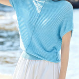 Casual Wavy Horizontal Stripe Round Neck Short Sleeve Knit Sweater - liwisi