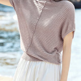 Casual Wavy Horizontal Stripe Round Neck Short Sleeve Knit Sweater - liwisi
