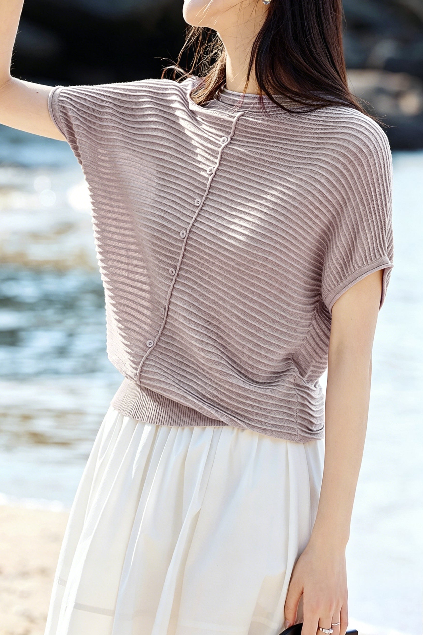 Casual Wavy Horizontal Stripe Round Neck Short Sleeve Knit Sweater - liwisi