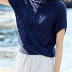 Casual Wavy Horizontal Stripe Round Neck Short Sleeve Knit Sweater - liwisi