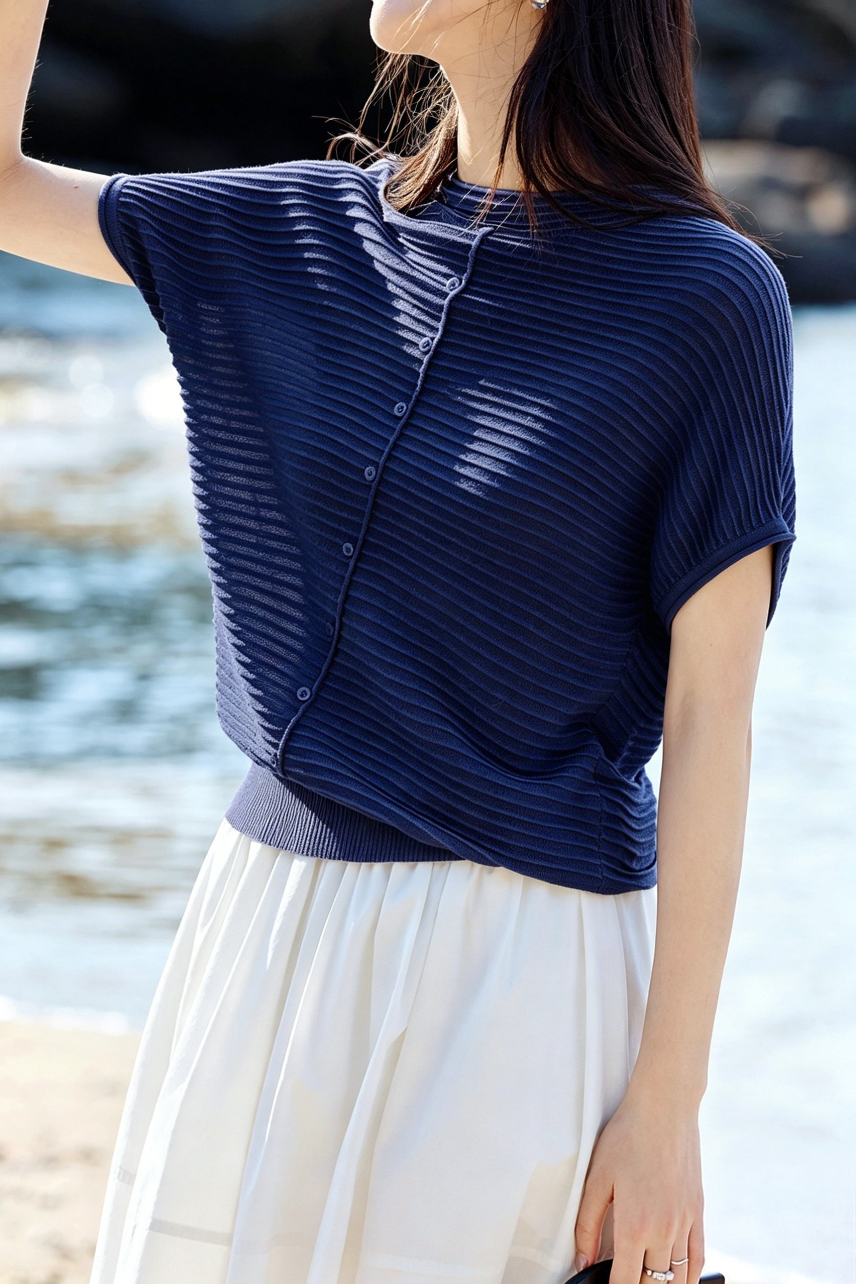 Casual Wavy Horizontal Stripe Round Neck Short Sleeve Knit Sweater - liwisi