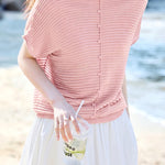 Casual Wavy Horizontal Stripe Round Neck Short Sleeve Knit Sweater - liwisi