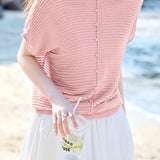 Casual Wavy Horizontal Stripe Round Neck Short Sleeve Knit Sweater - liwisi