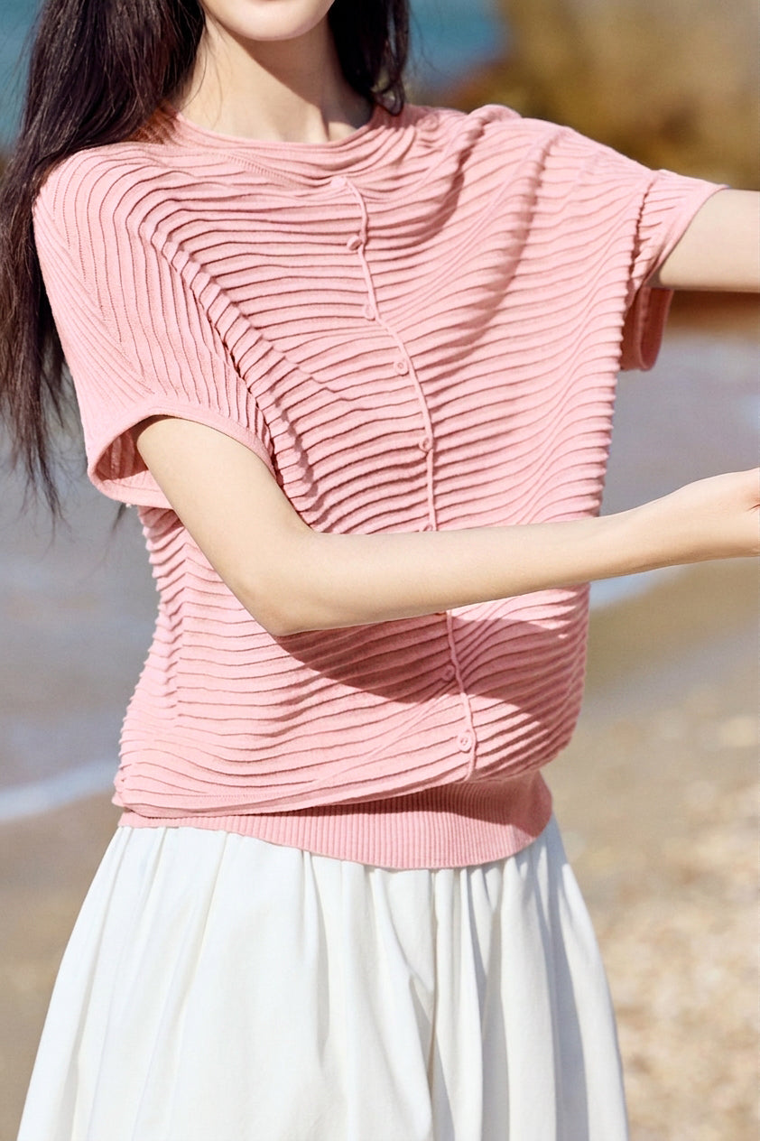 Casual Wavy Horizontal Stripe Round Neck Short Sleeve Knit Sweater - liwisi
