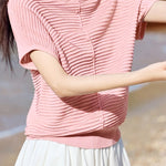 Casual Wavy Horizontal Stripe Round Neck Short Sleeve Knit Sweater - liwisi