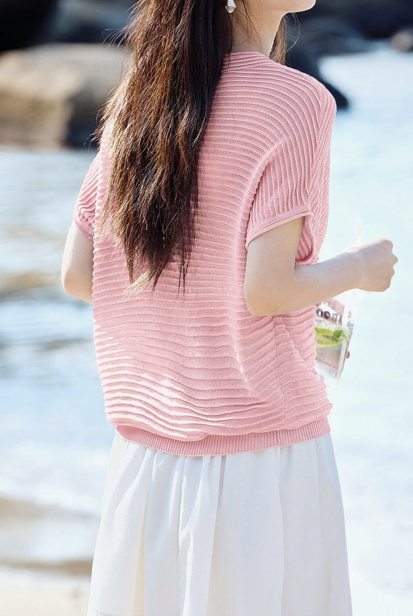 Casual Wavy Horizontal Stripe Round Neck Short Sleeve Knit Sweater - liwisi