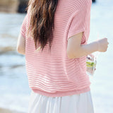 Casual Wavy Horizontal Stripe Round Neck Short Sleeve Knit Sweater - liwisi