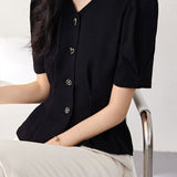 Elegant Commuter V-Neck Puff Sleeve Shirt - liwisi