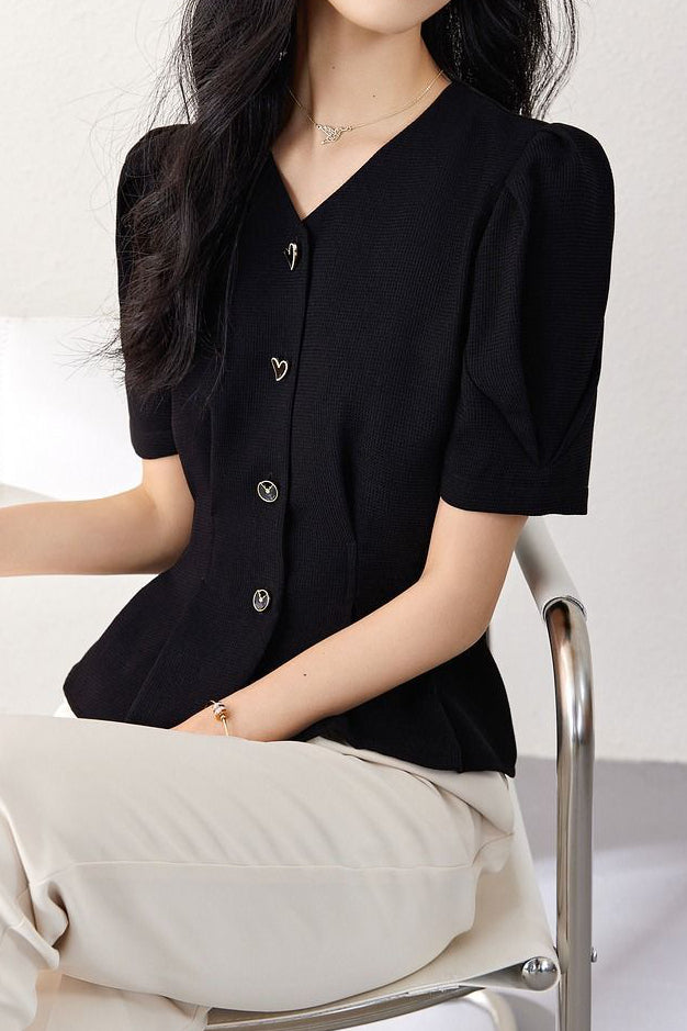 Elegant Commuter V-Neck Puff Sleeve Shirt - liwisi