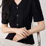 Elegant Commuter V-Neck Puff Sleeve Shirt - liwisi