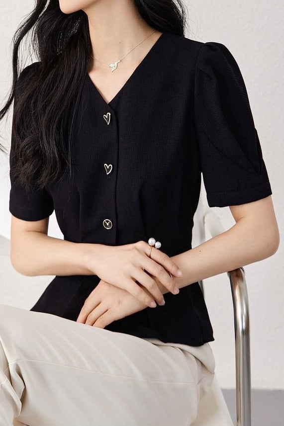Elegant Commuter V-Neck Puff Sleeve Shirt - liwisi