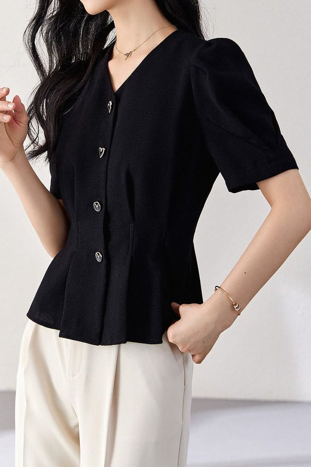 Elegant Commuter V-Neck Puff Sleeve Shirt - liwisi