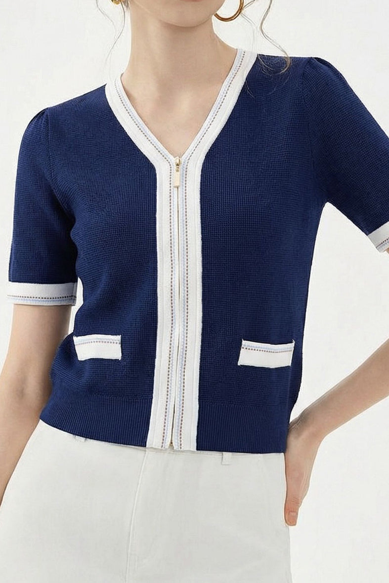 Elegant Commuter Double Zipper Color Block Edge Knit Sweater - liwisi