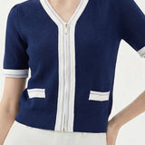 Elegant Commuter Double Zipper Color Block Edge Knit Sweater - liwisi