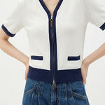 Elegant Commuter Double Zipper Color Block Edge Knit Sweater - liwisi