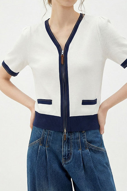 Elegant Commuter Double Zipper Color Block Edge Knit Sweater - liwisi