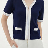 Elegant Commuter Double Zipper Color Block Edge Knit Sweater - liwisi