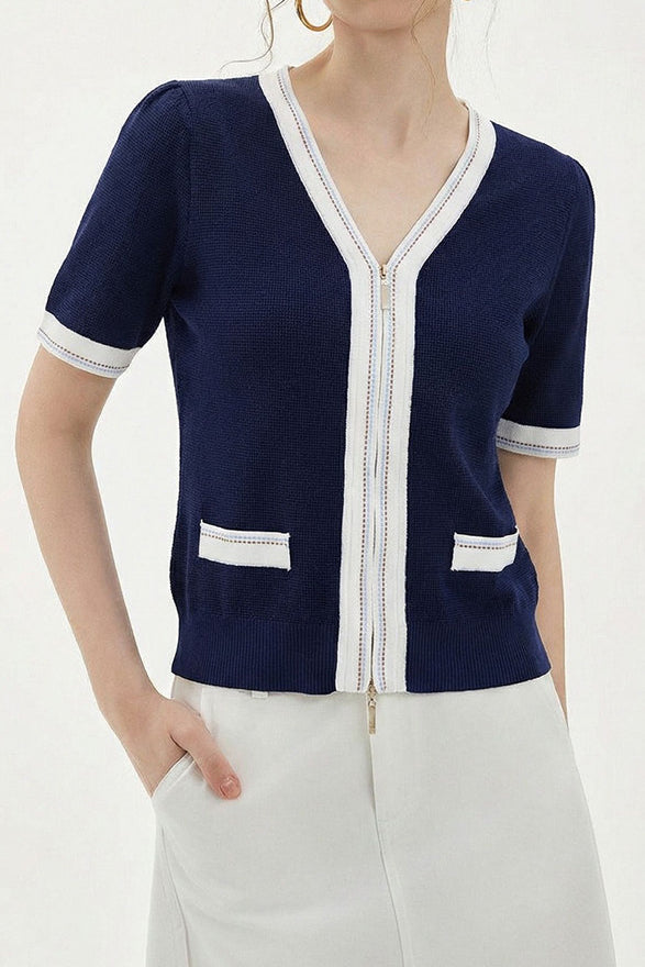 Elegant Commuter Double Zipper Color Block Edge Knit Sweater - liwisi