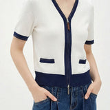 Elegant Commuter Double Zipper Color Block Edge Knit Sweater - liwisi
