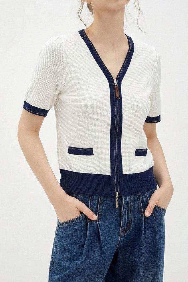Elegant Commuter Double Zipper Color Block Edge Knit Sweater - liwisi