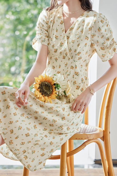 Casual Floral V-Neck Puff Sleeve Dress - liwisi