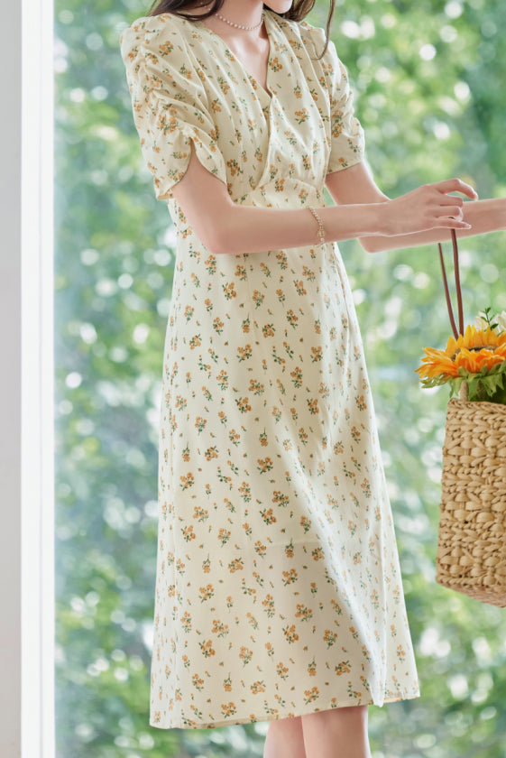 Casual Floral V-Neck Puff Sleeve Dress - liwisi