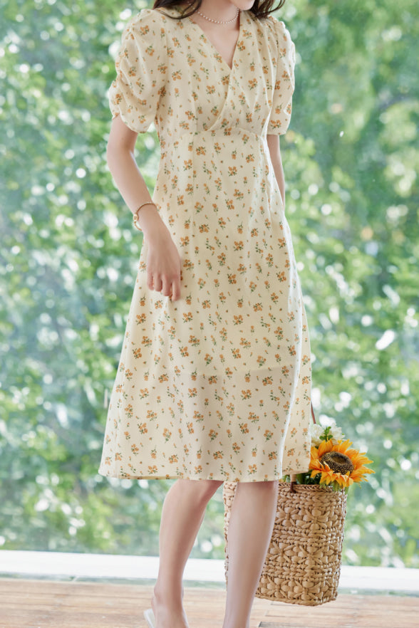 Casual Floral V-Neck Puff Sleeve Dress - liwisi