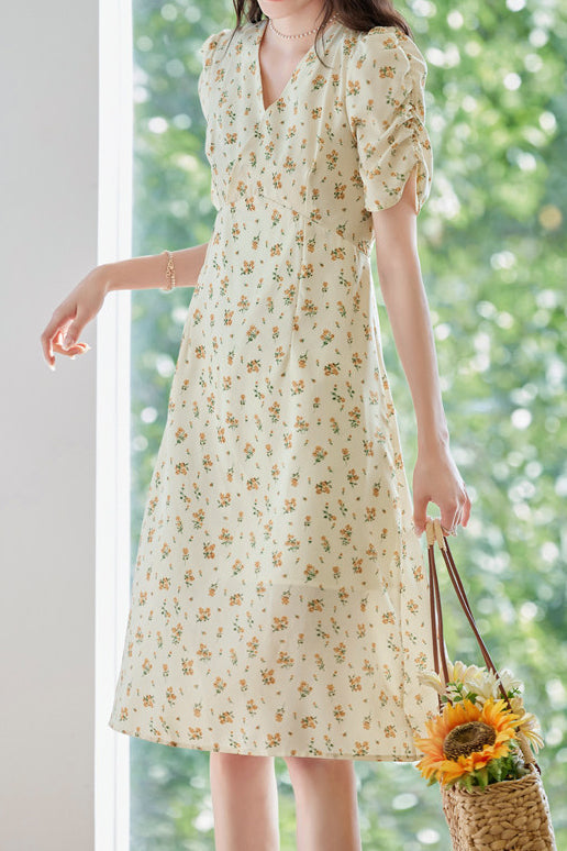 Casual Floral V-Neck Puff Sleeve Dress - liwisi