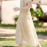 Gentle Commuter French V-Neck Puff Sleeve Dress - liwisi