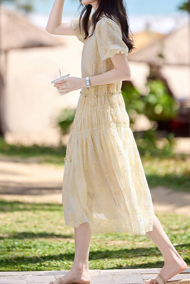 Gentle Commuter French V-Neck Puff Sleeve Dress - liwisi