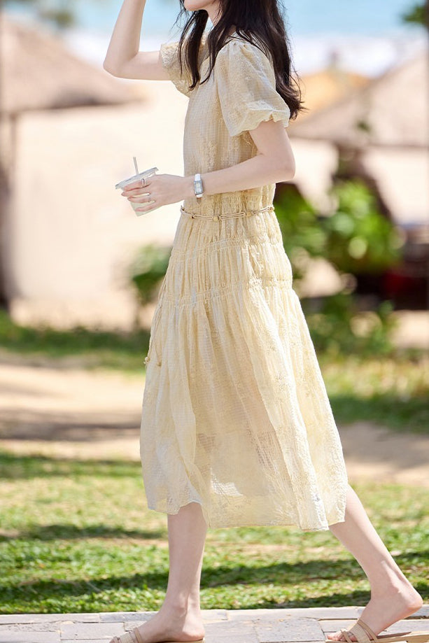 Gentle Commuter French V-Neck Puff Sleeve Dress - liwisi