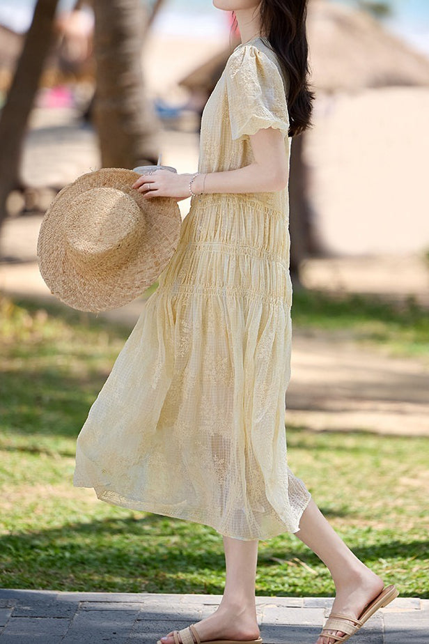 Gentle Commuter French V-Neck Puff Sleeve Dress - liwisi