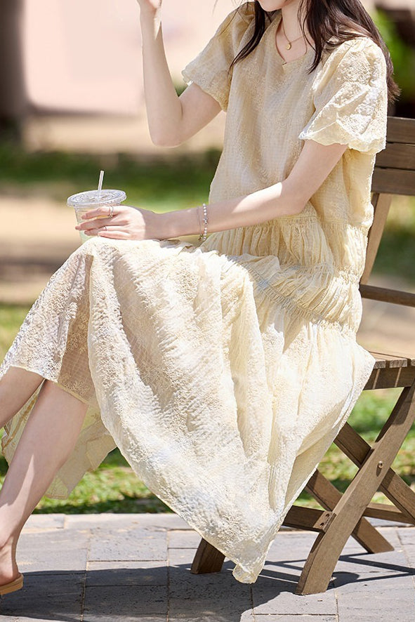 Gentle Commuter French V-Neck Puff Sleeve Dress - liwisi