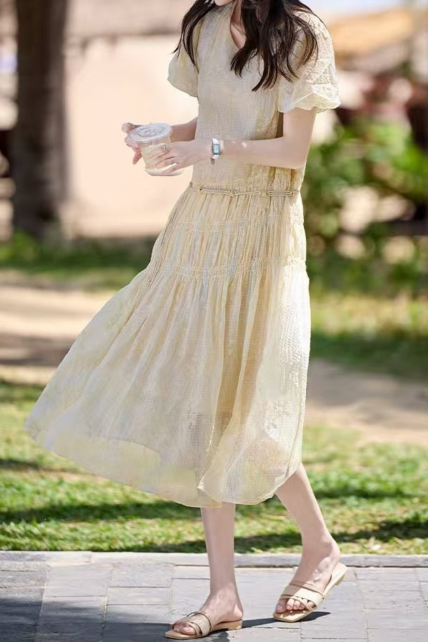 Gentle Commuter French V-Neck Puff Sleeve Dress - liwisi