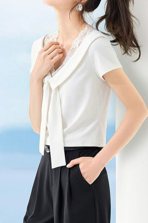 Elegant Commuter French Lace Spliced Knit T-Shirt - liwisi