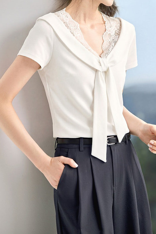 Elegant Commuter French Lace Spliced Knit T-Shirt - liwisi