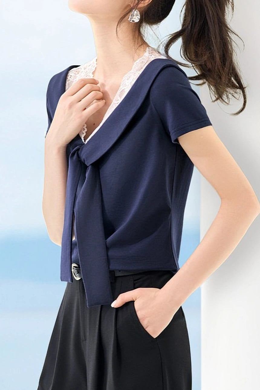 Elegant Commuter French Lace Spliced Knit T-Shirt - liwisi