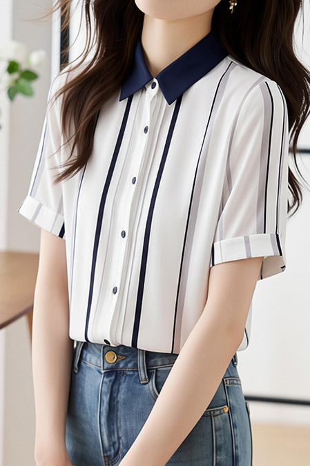 Elegant Commuter Contrast Vertical Stripe Shirt - liwisi